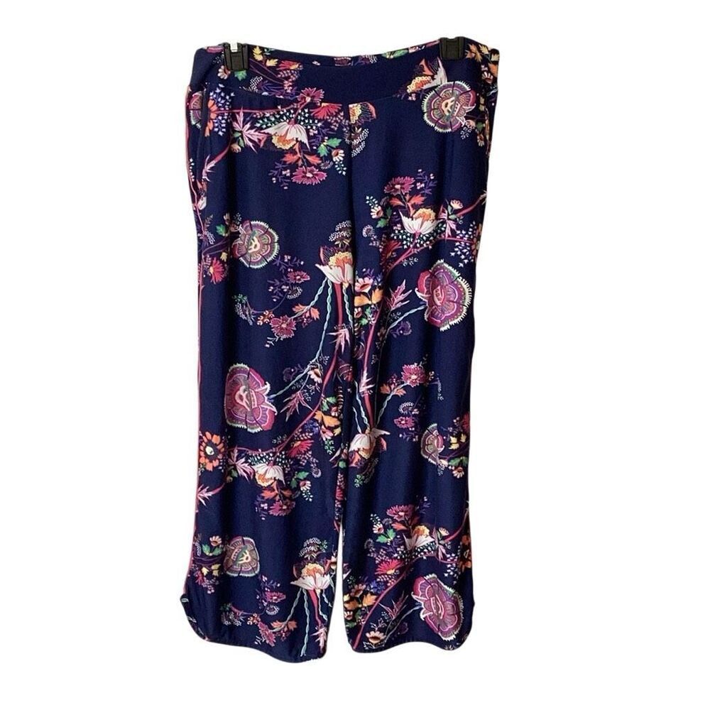 Soma Floral Cropped Pajama Lounge Pants Navy Stretch Capri Size Medium - Picture 7 of 10